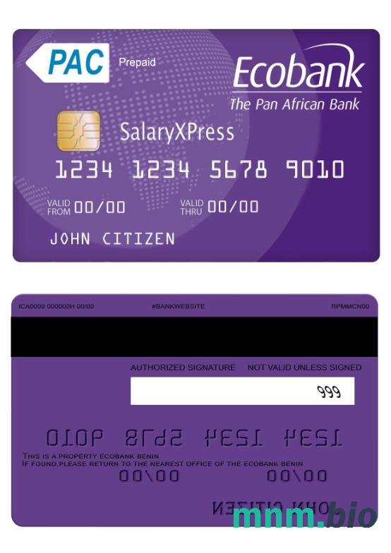 Benin Ecobank salaryxpress prepaid karta przykład w formacie PSD